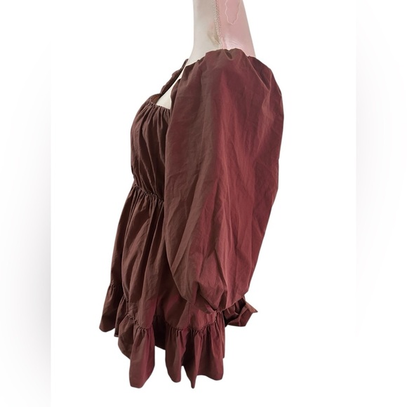 Anthropologie Mare Mare bohemian chocolate Brown Puff Sleeve mini Dress - Picture 5 of 9